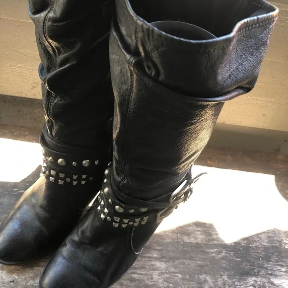 Kelly & Katie Becca Black Leather Studs Knee High Boots Size 8.5M - Picture 3 of 15
